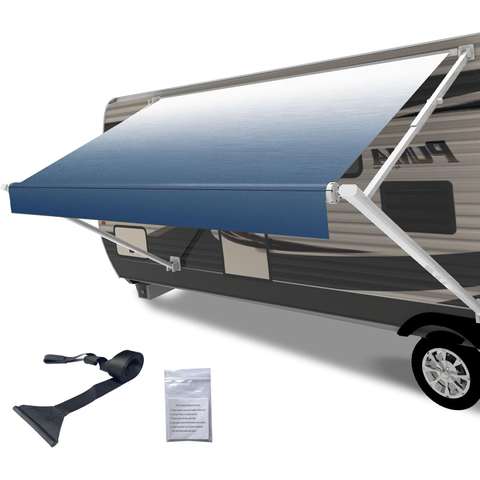 SHILI 18' RV Awning Fabric Replacement, 19oz Weatherproof Heavy Duty Anti-Fading Awning Replacement with Pull Strap, Outdoor Canopy for Camper, Trailer, Motorhome, BLUE Fade, (Fabric 17'2