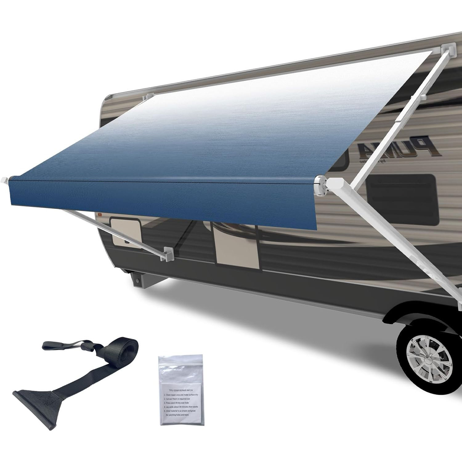 SHILI 18' RV Awning Fabric Replacement, 19oz Weatherproof Heavy Duty Anti-Fading Awning Replacement with Pull Strap, Outdoor Canopy for Camper, Trailer, Motorhome, BLUE Fade, (Fabric 17'2