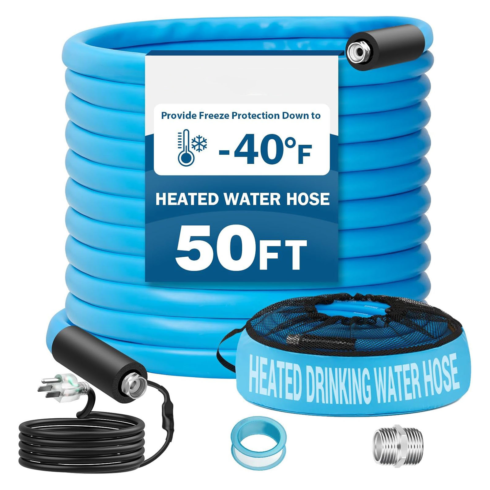 50FT RV Water Hose with Storage Bag, 5/8'' Drinking Water Hose, No Odor, Leak Free, Heavy Duty, No Kink and Flexible Garden Hose 50 ft, Ideal RV Accessories for RV, Camper, Garden - Blue