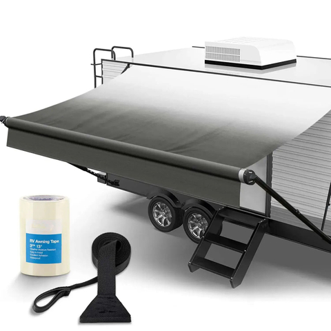 SHILI 18' RV Awning Fabric Replacement, 19oz Weatherproof Heavy Duty Anti-Fading Awning Replacement with Pull Strap, Outdoor Canopy for Camper, Trailer, Motorhome, BLACK Fade, (Fabric 17'2")