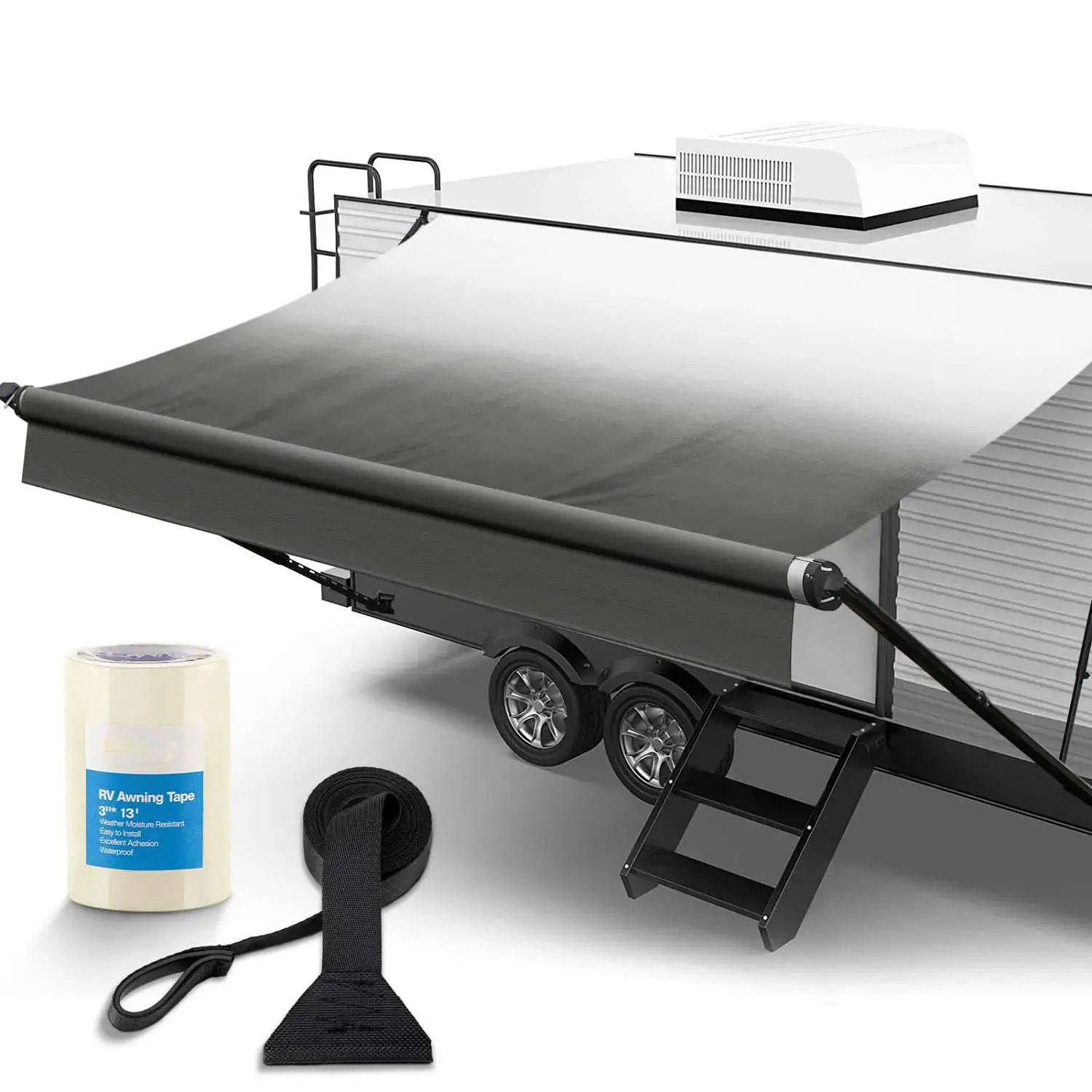 SHILI 18' RV Awning Fabric Replacement, 19oz Weatherproof Heavy Duty Anti-Fading Awning Replacement with Pull Strap, Outdoor Canopy for Camper, Trailer, Motorhome, BLACK Fade, (Fabric 17'2")