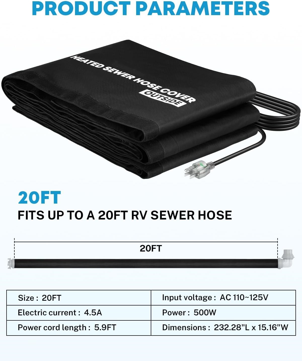 20FT Heated RV Sewer Hose Sleeve, Avoid Freezing at -45°F with Energy Saving Thermostat, Insulated Waterproof Heated Cover for RV Sewer Hose (Not Included), RV Winter Accessories for RV Camper