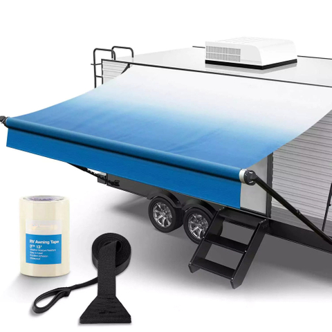 SHILI 18' RV Awning Fabric Replacement, 19oz Weatherproof Heavy Duty Anti-Fading Awning Replacement with Pull Strap, Outdoor Canopy for Camper, Trailer, Motorhome, BLUE Fade, (Fabric 17'2")