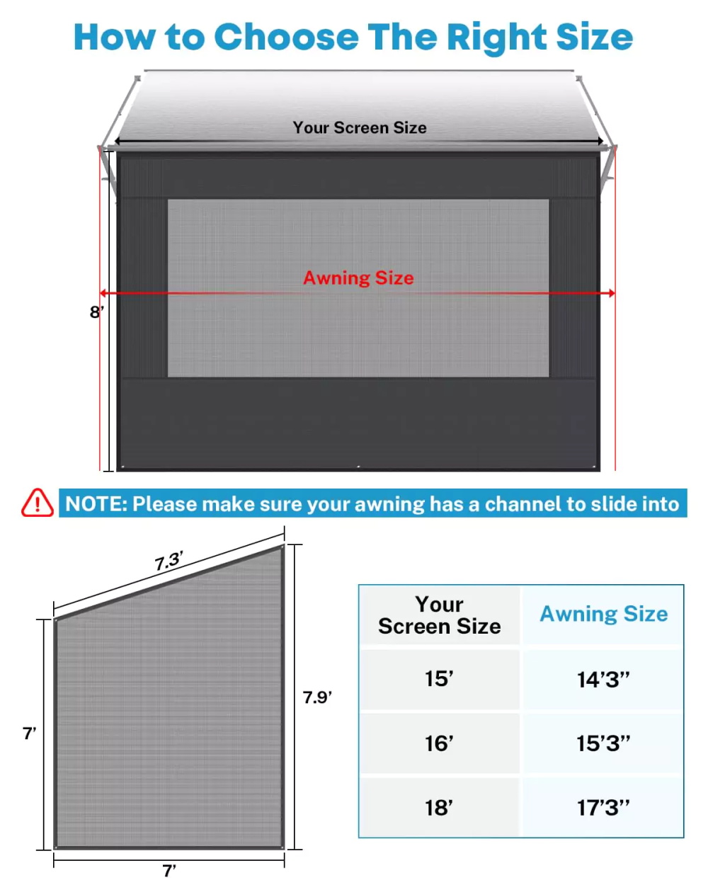 SHILI RV Awning Sun Shade Screen Sunshade 8' X 15' 3'' (Fit for 16' Awning)- Mesh Sunscreen Motorhome Camper Trailer Awning Shade Screen UV Blocker Completed Kits - 3 Year Warranty (Black)