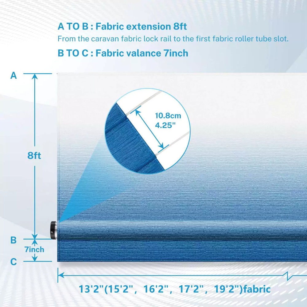 SHILI 18' RV Awning Fabric Replacement, 19oz Weatherproof Heavy Duty Anti-Fading Awning Replacement with Pull Strap, Outdoor Canopy for Camper, Trailer, Motorhome, BLUE Fade, (Fabric 17'2