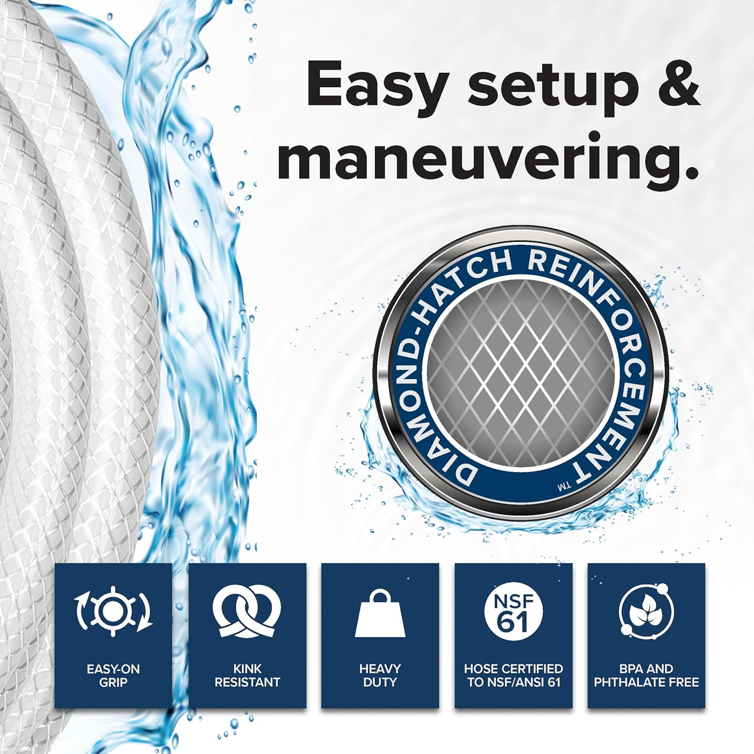 NSF61 25Ft Water Hose - RV Drinking Water Hose Contains No Lead, No BPA & No Phthalate - Features Diamond-Hatch Reinforced PVC Design - 5/8” Inside Diameter