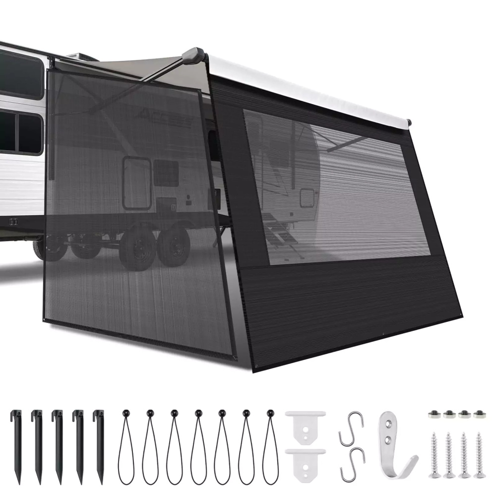 SHILI RV Awning Sun Shade Screen Sunshade 8' X 15' 3'' (Fit for 16' Awning)- Mesh Sunscreen Motorhome Camper Trailer Awning Shade Screen UV Blocker Completed Kits - 3 Year Warranty (Black)
