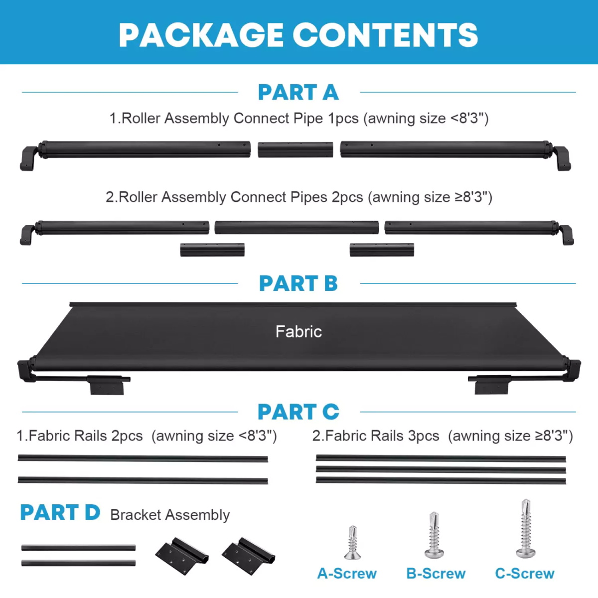 SHILI RV Slide Topper Awning, Slide Out Awning Kit Cover Assembly, Modular Camper Slideout Topper Protection for RVs, 5th Wheels,Travel Trailers and Motorhomes, Black, 7'3