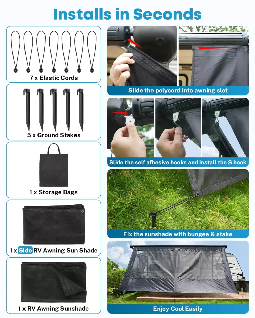 SHILI RV Awning Sun Shade Screen Sunshade 8' X 15' 3'' (Fit for 16' Awning)- Mesh Sunscreen Motorhome Camper Trailer Awning Shade Screen UV Blocker Completed Kits - 3 Year Warranty (Black)